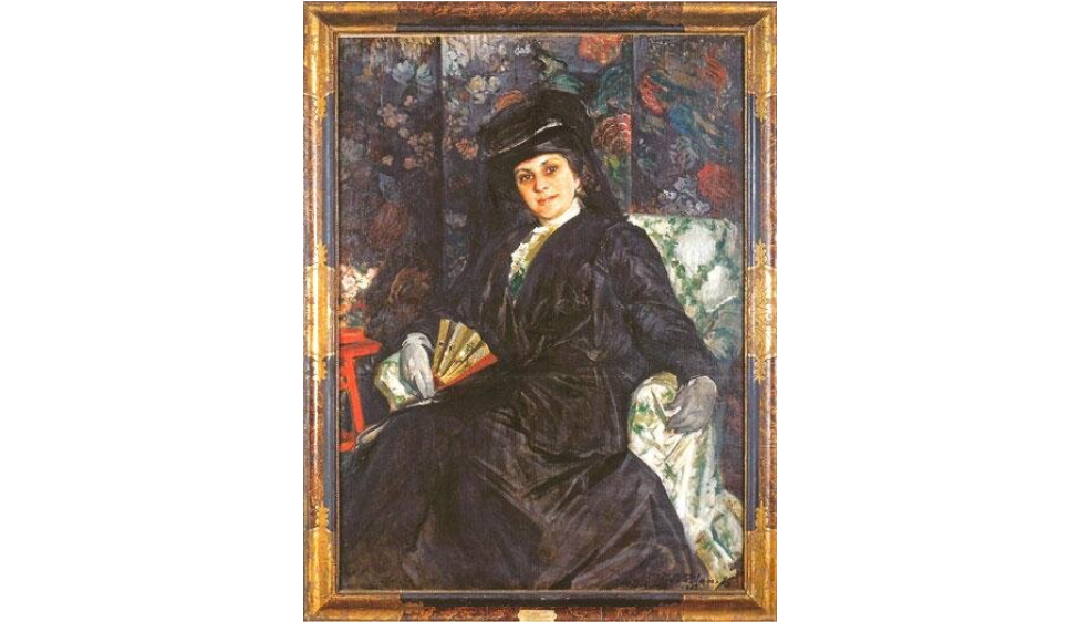 Portrait peint de Florine Langweil assise, habillée en noir.
