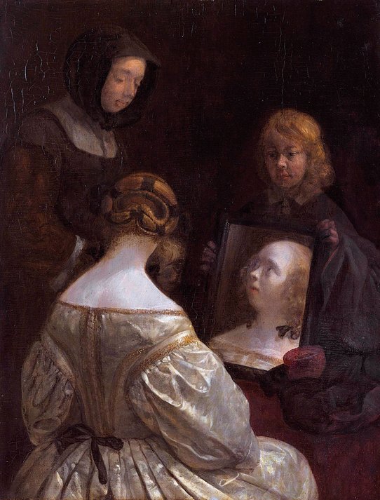 Gérard Ter Borch, Femme à son miroir, vers 1652, huile sur bois, 34,5 x 26 cm, Amsterdam, Rijksmuseum.