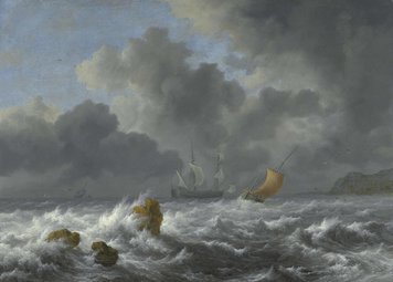 Jacob van Ruisdael, Une mer agitée près d’une côte, avec un navire et un petit bateau, huile sur toile, 47 x 65,2 cm.