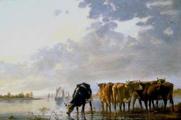 Aelbert Cuyp (attribué à), Vaches au bord d’une rivière, vers 1650, peinture à l’huile sur bois, 37,5 x 55 cm, London: The Mansion House, Harold Samuel Collection.
