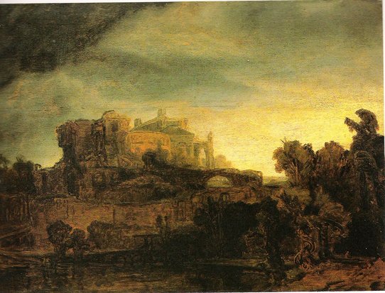 Rembrandt Harmensz. van Rijn, Paysage au château; vue imaginaire, 1640-42, 44 x 60 cm, RF 1948 35, Paris: Musée du Louvre.