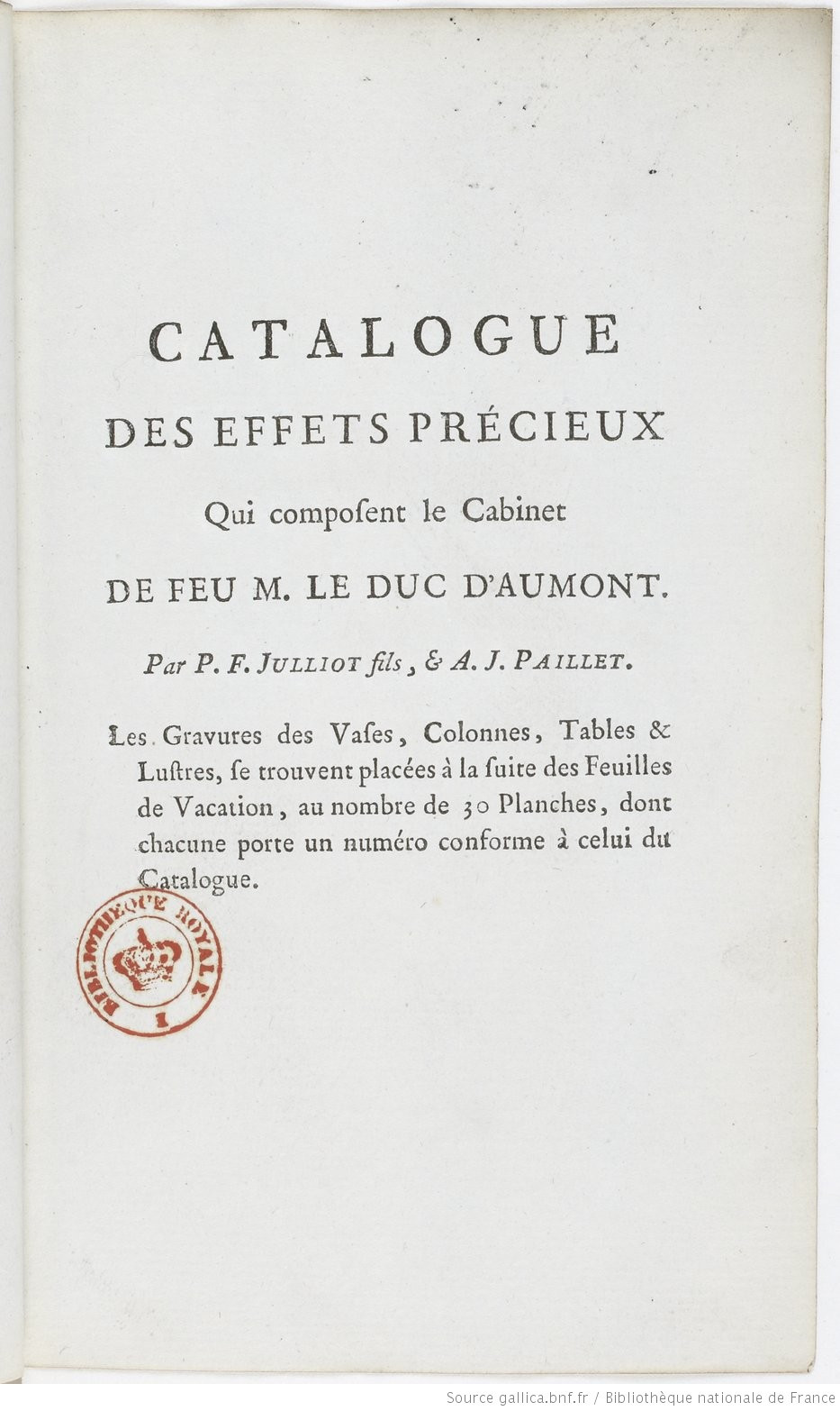 Page de garde du catalogue de la vente de la collection du duc d'Aumont