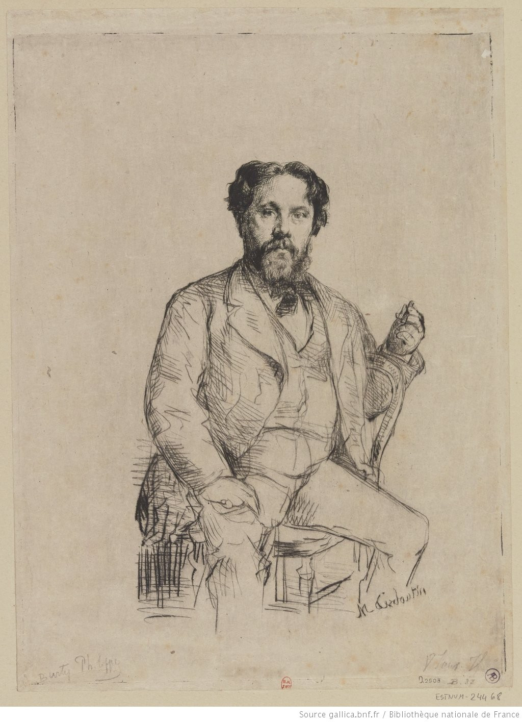 Portrait dessiné de Philippe Burty assis.
