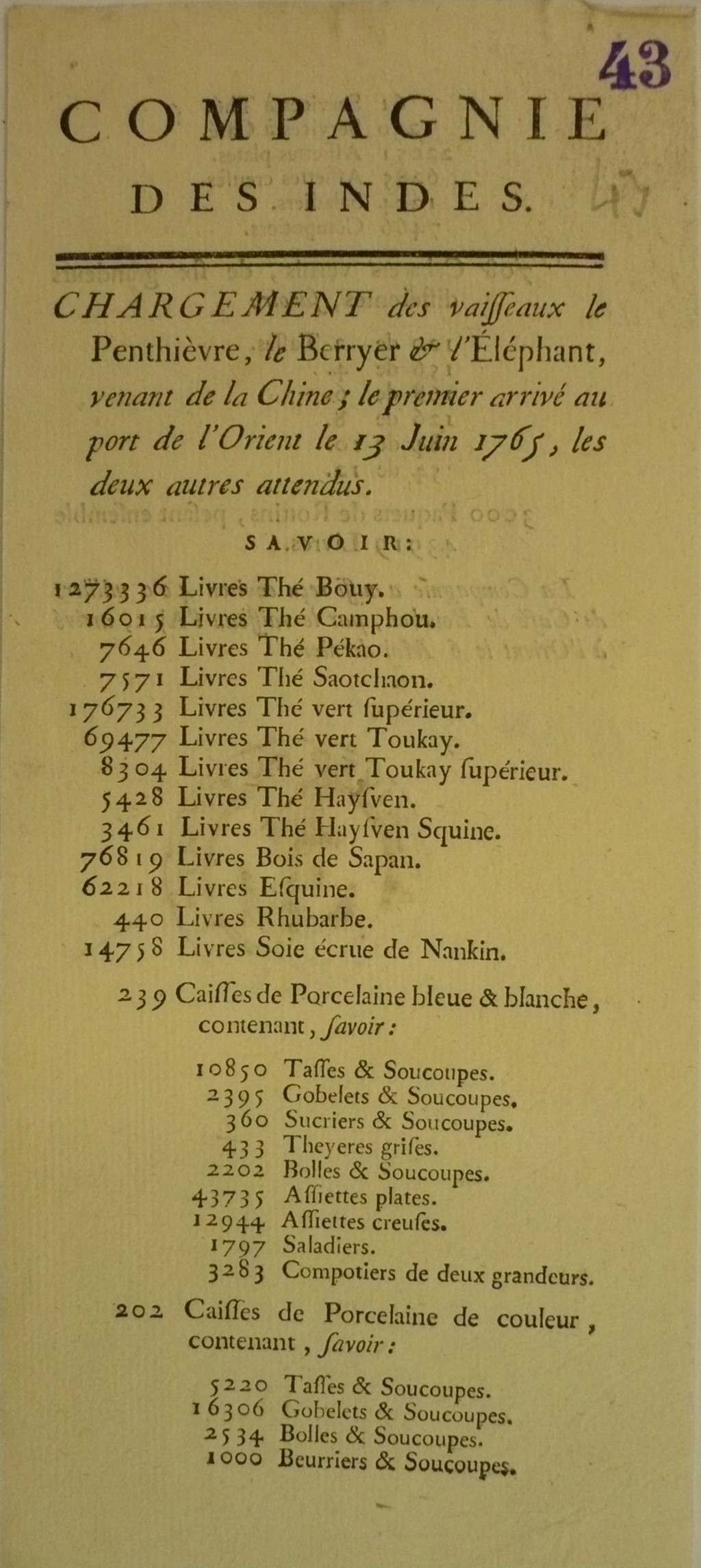Document detailing the cargo of ships