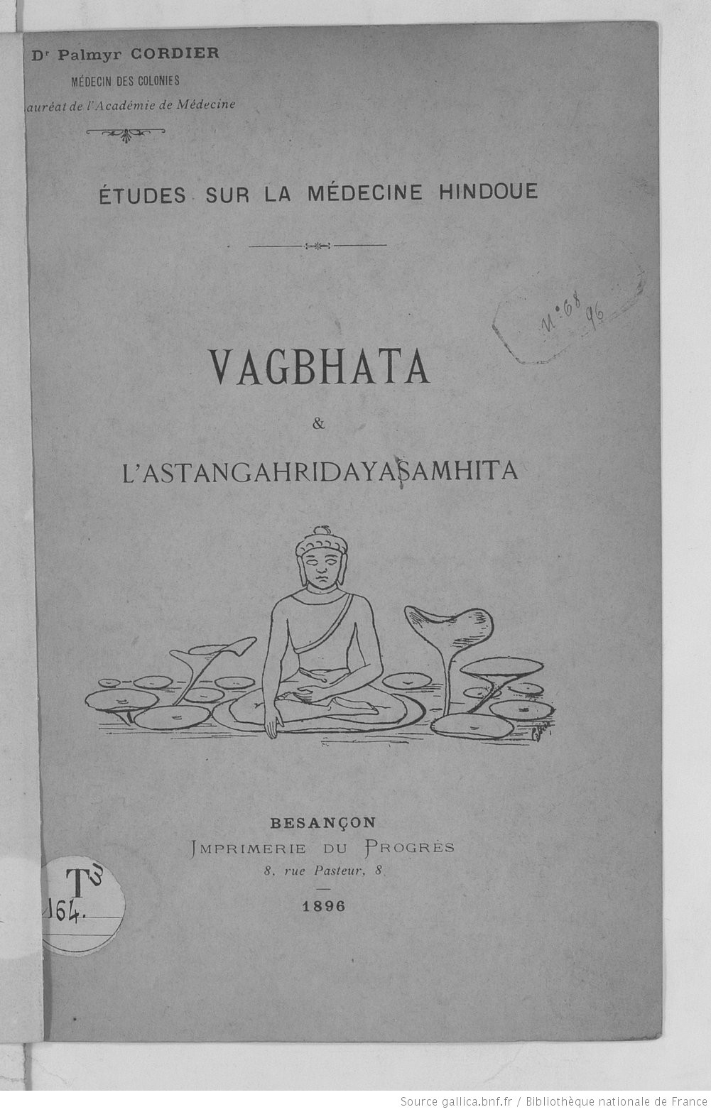 Première page d'un livre de médecine illustrée du Buddha assis au milieu de lotus