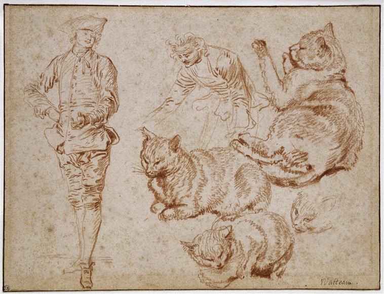 Jean Antoine Watteau, Deux hommes et quatre chats, Musée Bonnat-Helleu, Bayonne