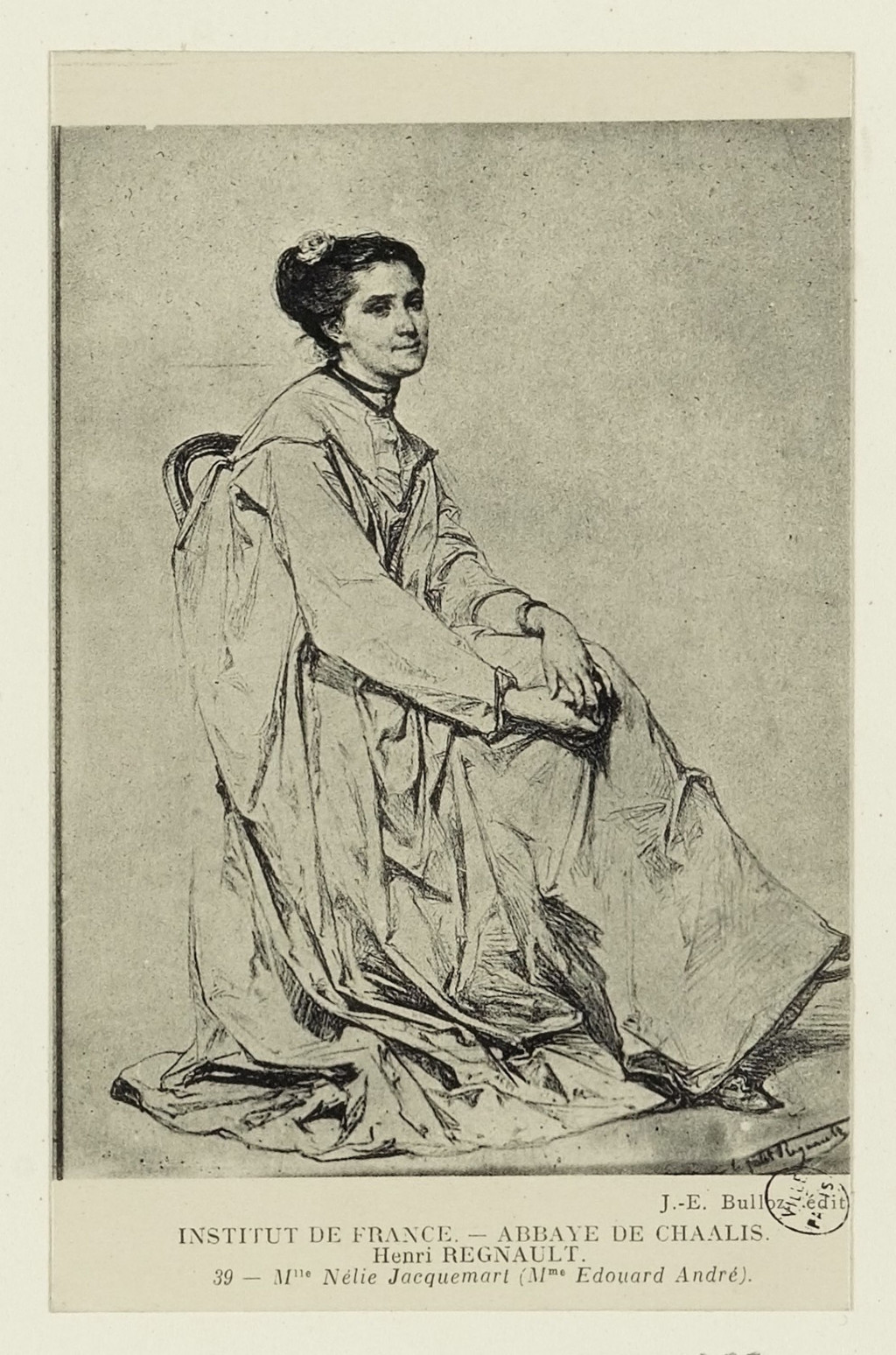 Portrait dessiné de Nélie Jacquemart en robe, assise.