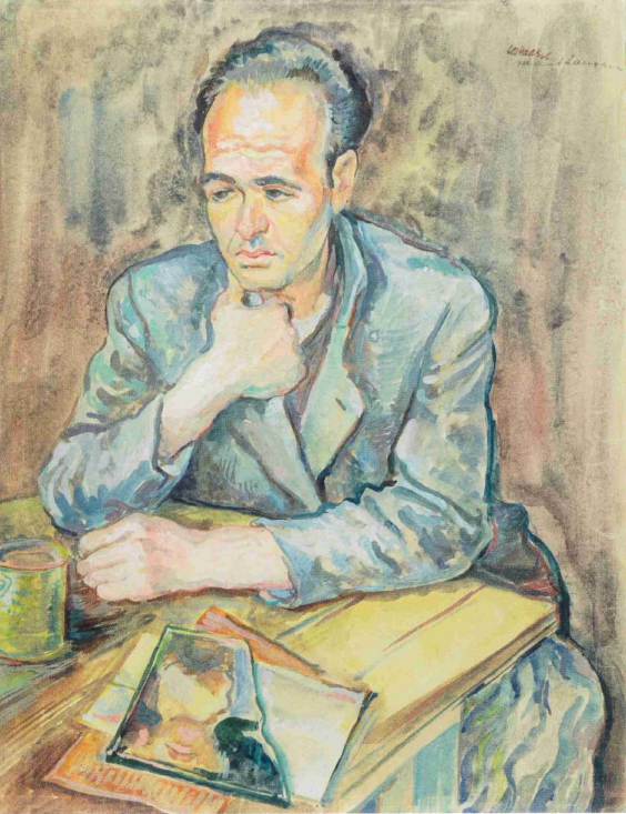 Leo Haas, Portrait de Hans (Jean) Lenthal au camp de concentration de Mauthausen, 1945, aquarelle, 34,8 x 27,2 cm, Jérusalem, Collection d'art du Mémorial de Yad Vashem. Source : Gurlitt Status Report, cat. expo., Hirmer Verlag, Munich, 2017, p. 106.