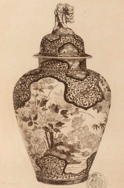 Illustration d'une potiche à motif de chrysanthèmes