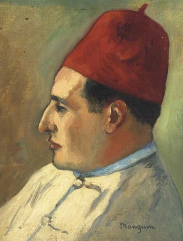 Henri Charles Manguin, Portrait de Jean Metthey en turc, 1937, huile sur toile, 40,9 cm x 33 cm. Collection particulière. Source : Artnet.