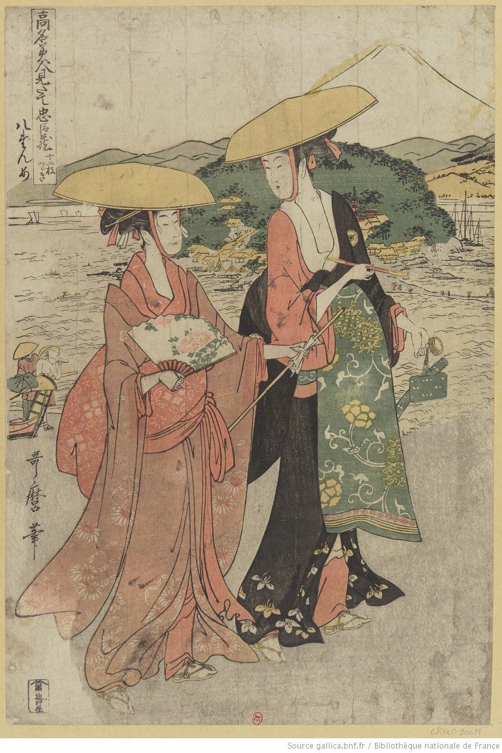 Estampe japonaise représentant deux femmes en tenue traditionnelle portant un large chapeau