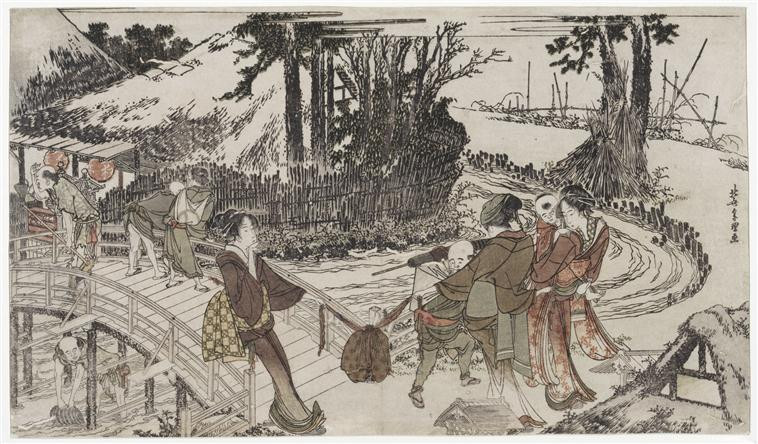 Japanese print representing characters in traditional clothing on a bridge