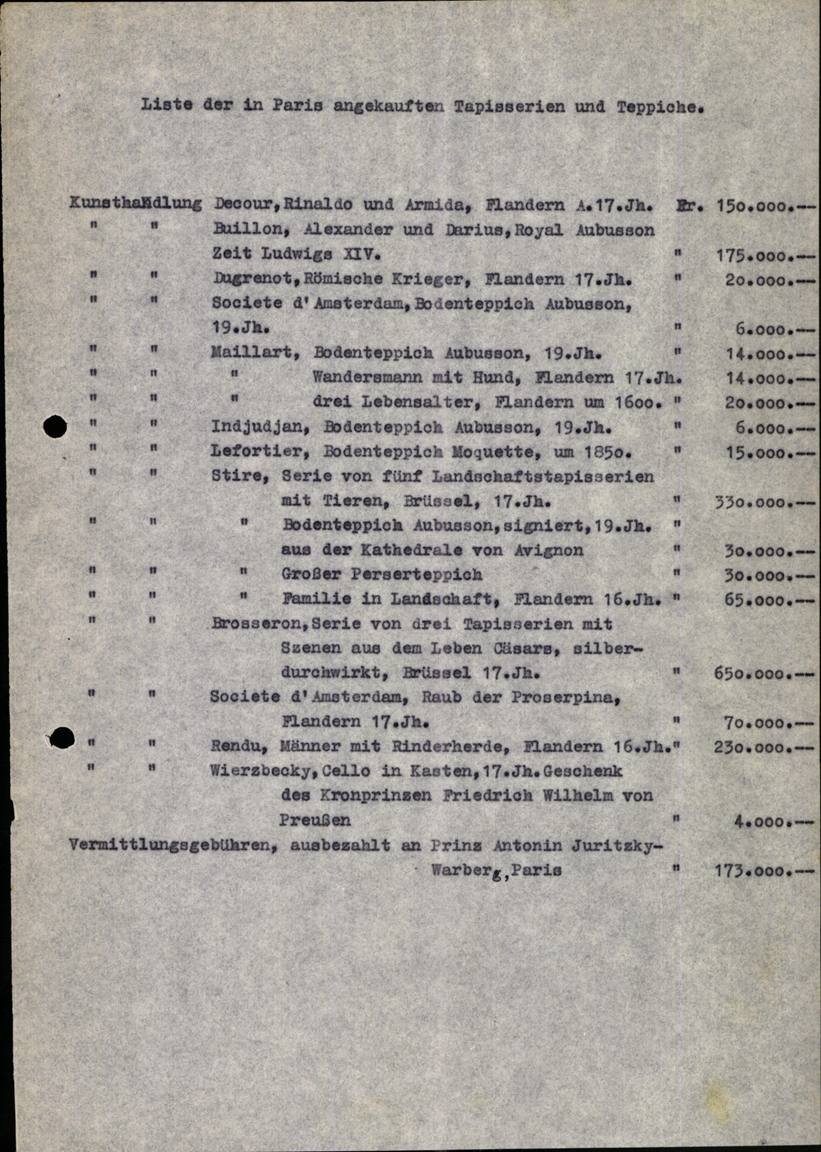 Liste des achats de Justus Schmidt pour le Reichsführer SS Heinrich Himmler, établie le 8 juillet 1941, musée régional de Haute-Autriche. Source : Archives du département d’histoire de l’art 1941, 260/41.