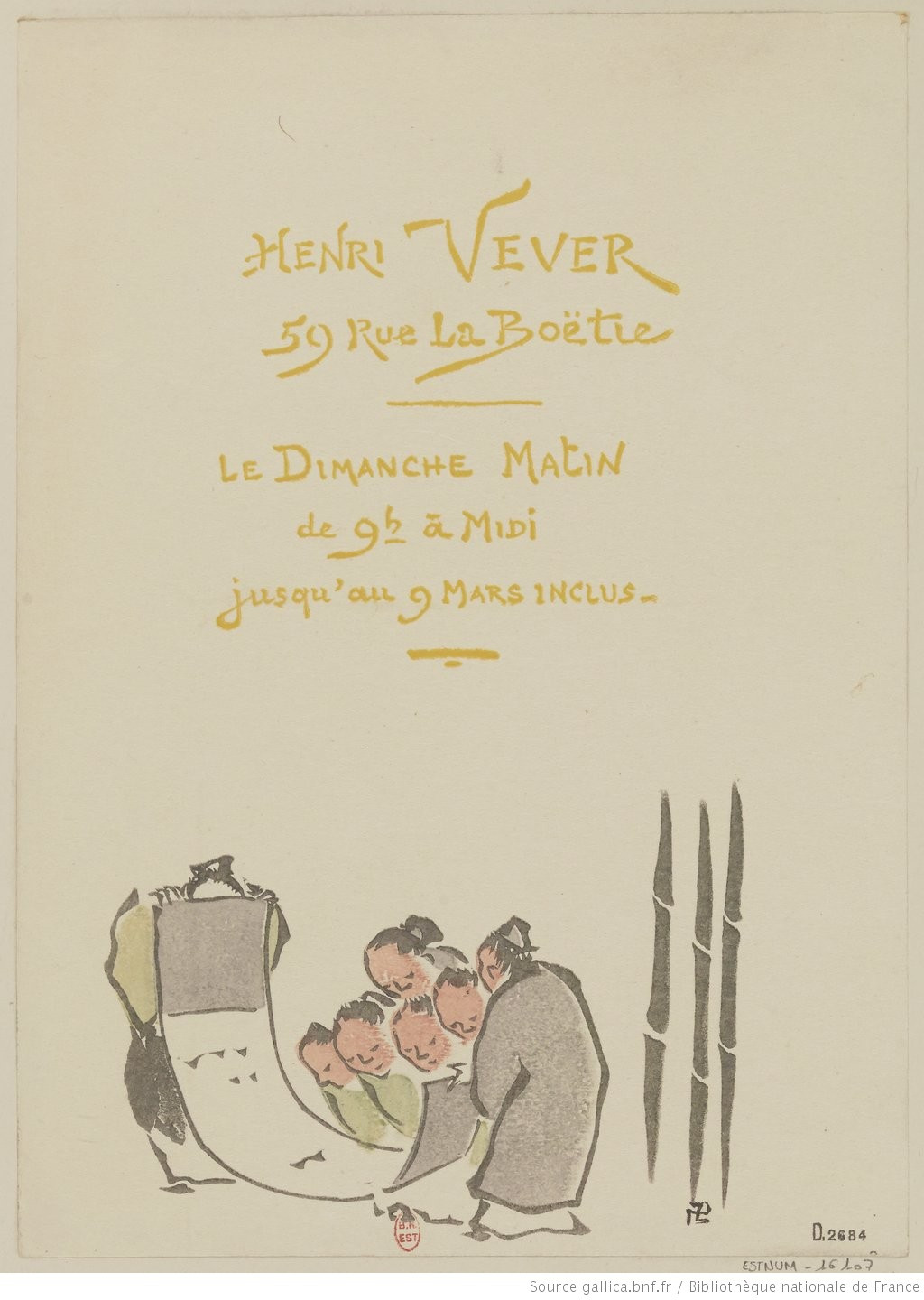 Vever's card with his name and a drawing of seven characters in Japanese clothes