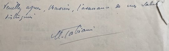 Signature de Martin Fabiani, lettre de Martin Fabiani à Monsieur Faure, Inspecteur Principal, en date du 2 avril 1947. Source : Archives de Paris, Comité de confiscation Profits Illicites, 112 W 14.
