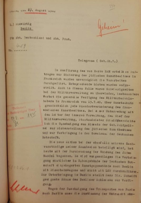 Copie d'un télégramme de Eberhard Künsberg, 27 août 1940. Source : Politisches Archiv des Auswärtigen Amt (PA AA), dossier Paris 1379, p. 397.