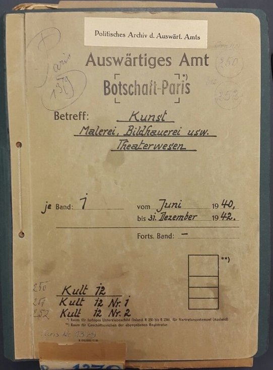 Copie d'un télégramme de Eberhard Künsberg, 27 août 1940. Source : Politisches Archiv des Auswärtigen Amt (PA AA), dossier Paris 1379, couverture.