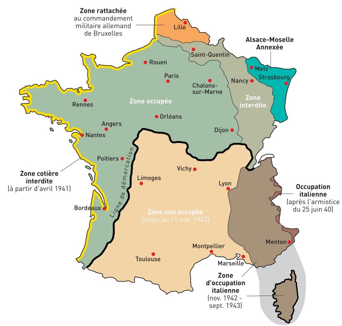 L'armistice de juin 1940 instaure une ligne de démarcation et divise la France en plusieurs zones.