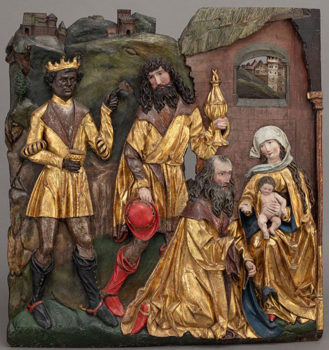 Figure 4. Allemagne du Sud, L’Adoration des Mages, vers 1500, bas-relief en bois polychromé, H. 70,5 cm x L. 65 cm x P. 8. 1971-88, Lyon, musée des Beaux-Arts. © Lyon MBA – Photo Martial Couderette.