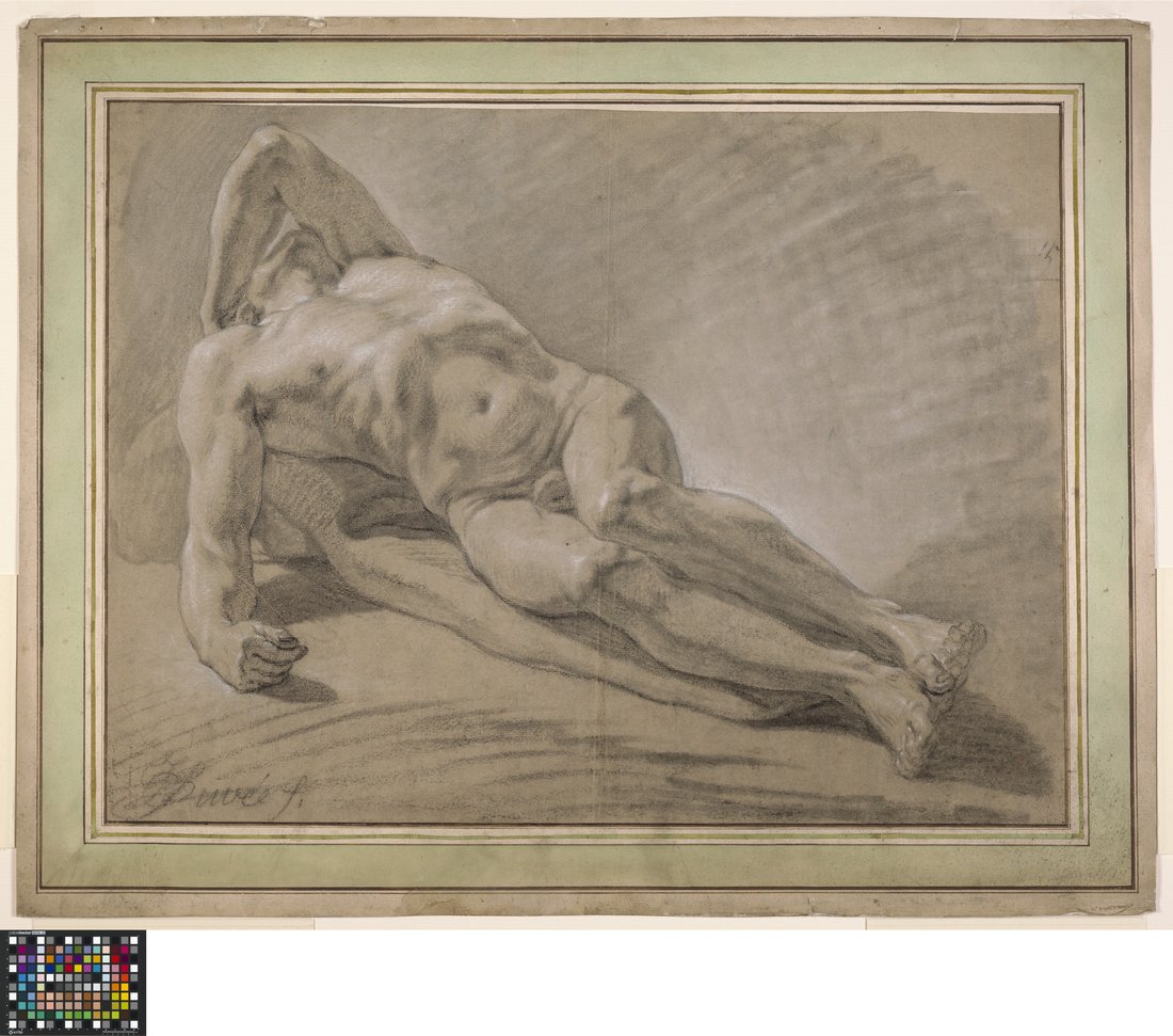 Joseph Benoît Suvée, Étude académique d'après le modèle vivant : nu masculin couché, 1764, craie noire, fusain et craie blanche sur papier, 398 × 532 mm. Musea Brugge, inv. 0000.GRO1902.II