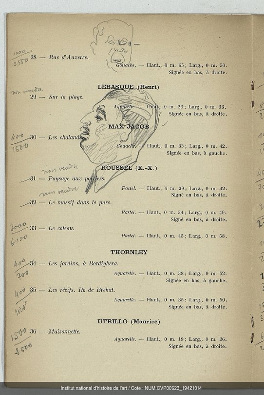 Croquis d'Alphonse Bellier, probablement exécuté par Ludovic-Rodo Pissaro (1878-1952), l’un des fils de Camille Pissarro, dans son catalogue de la vente du 14 octobre 1942. Source : INHA, VP 1942/323.