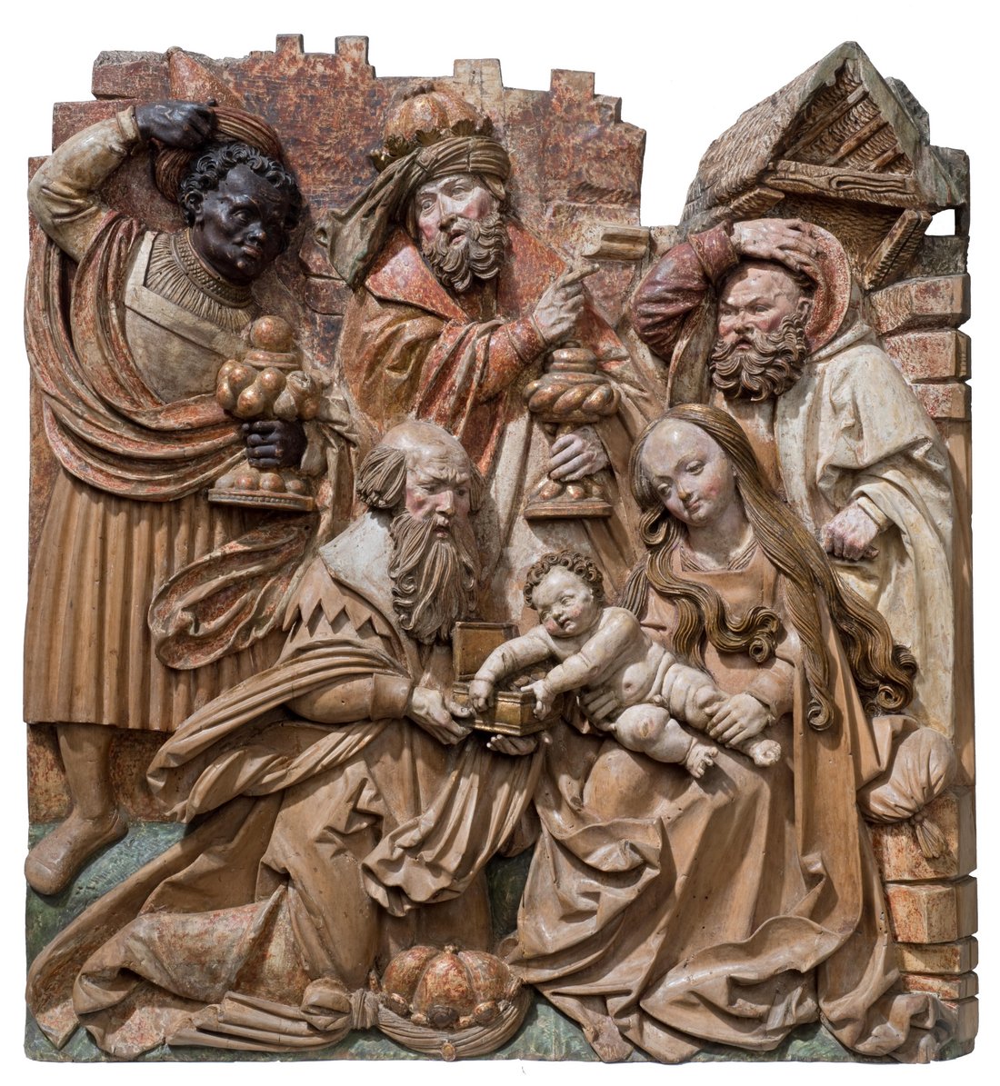 Figure 6. Entourage du Maître H.L., L’Adoration des Mages, vers 1520-1530, bas-relief polychromé, H. 63 cm x L. 59 cm x P. 6 cm. 2000.11.1, musée Unterlinden, Colmar. © Colmar, Musée Unterlinden.