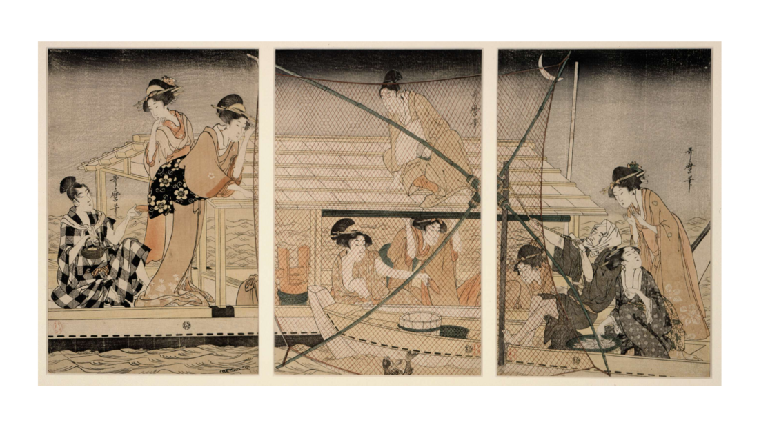 Colour woodblock-printed triptych. Party in pleasure boat on Sumida River at night, encountering group dredging for fish in small boat with large scoop-net. Nishi-e on paper. Signed and sealed.