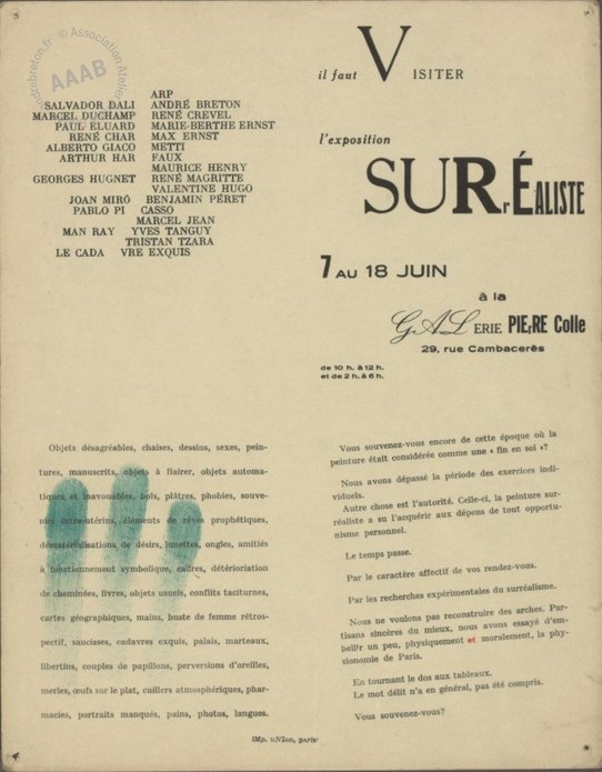 Carton d'invitation de Max Ernst pour l'exposition surréaliste du 7 au 18 juin 1933 à la galerie Pierre Colle, Paris.