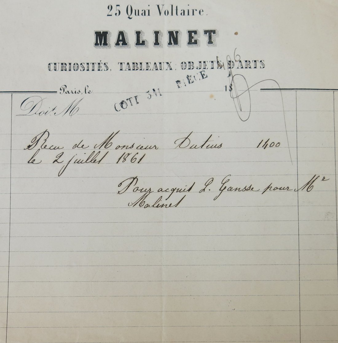 Photograph of a bill with a letterhead bearing the name of Malinet