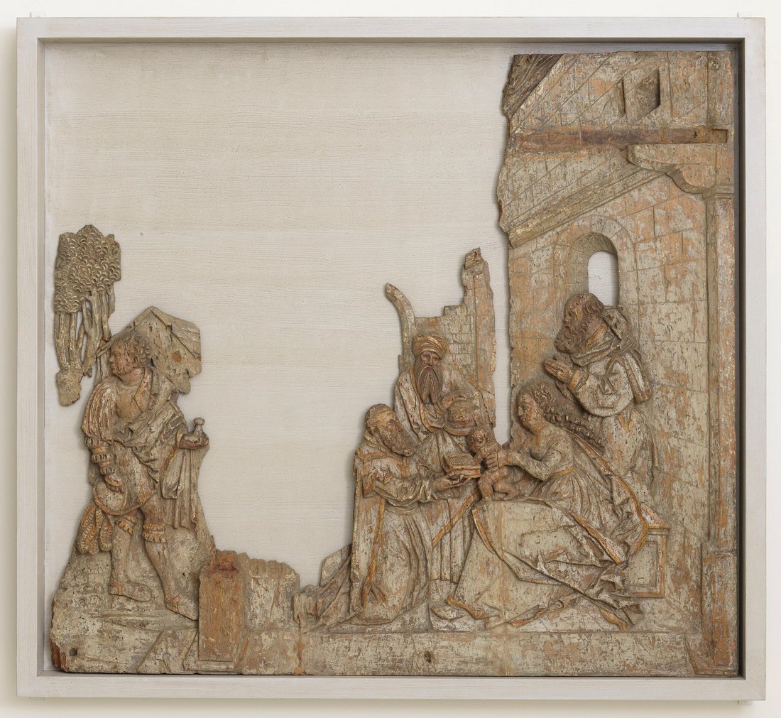 Figure 2. Entourage de Martin Hoffmann, L’Adoration des Mages, Bâle vers 1520, bas-relief en bois polychromé, H. 90,5 cm x L. 101 cm x P. 4,6. SB.21 c, Colmar, musée Unterlinden.