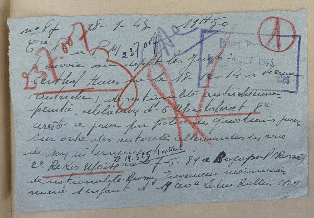 Document d'archives du 28 septembre 1943 concernant l'arrestation de Jean Lenthal. Source : Archives de la Préfecture de Police, Dossier Lenthal, 77 W 703-237007.