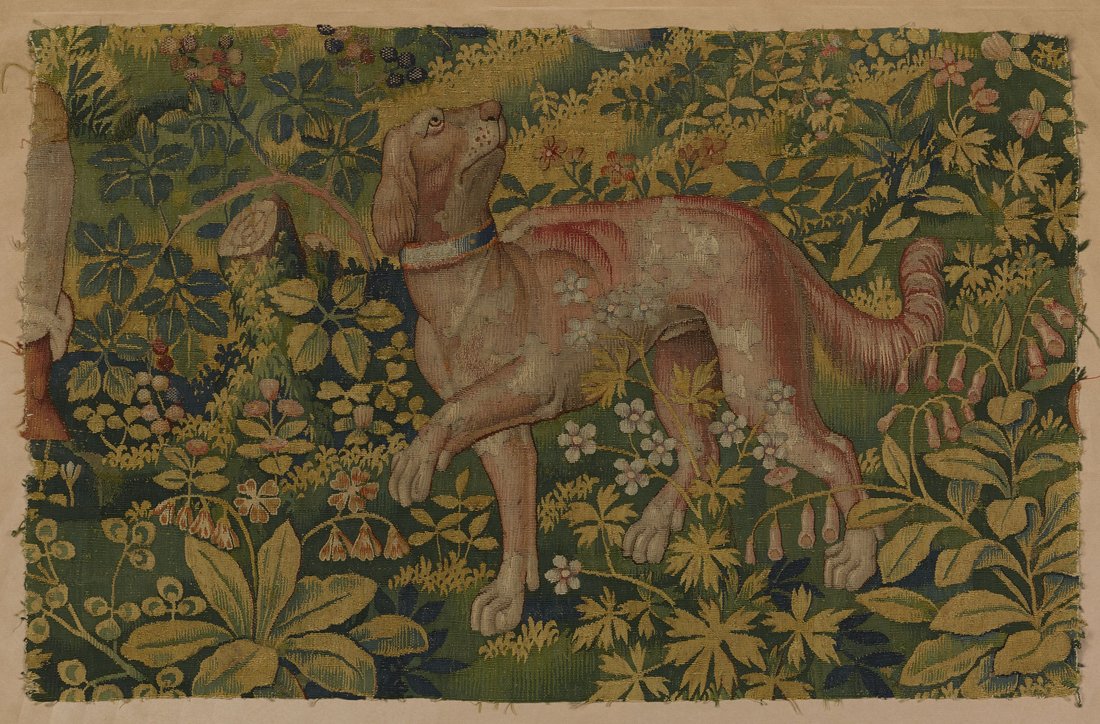 Anonyme, fragment de verdure avec un chien, tapisserie, 72 x 114 cm, OAR 439. Source : POP, base MNR-Jeu de Paume.