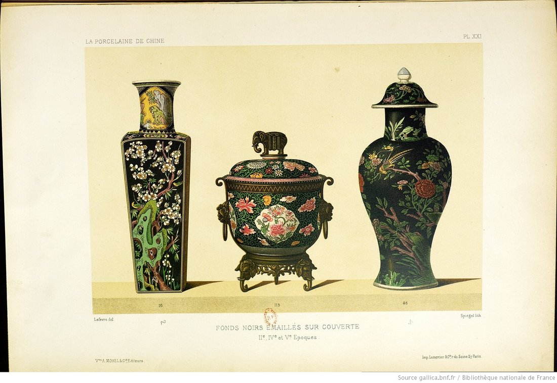 Drawing of three black enamel vases
