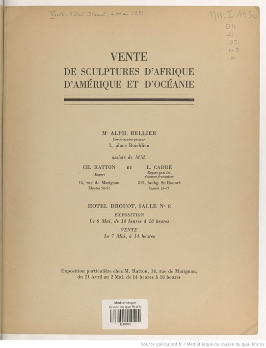 Vente de sculptures d'Afrique, d'Amérique et d'Océanie, 7 mai 1931, catalogue, hôtel Drouot. Source : Gallica.