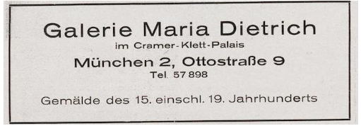 Carte de visite de la galerie Maria Dietrich à Munich. Source : Weltkunst, Jg. 16, H. 13/14, 29.3.1942, p. 2.
