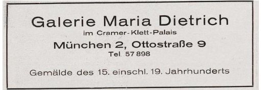 Carte de visite de la galerie Maria Dietrich à Munich. Source : Weltkunst, Jg. 16, H. 13/14, 29.3.1942, p. 2.