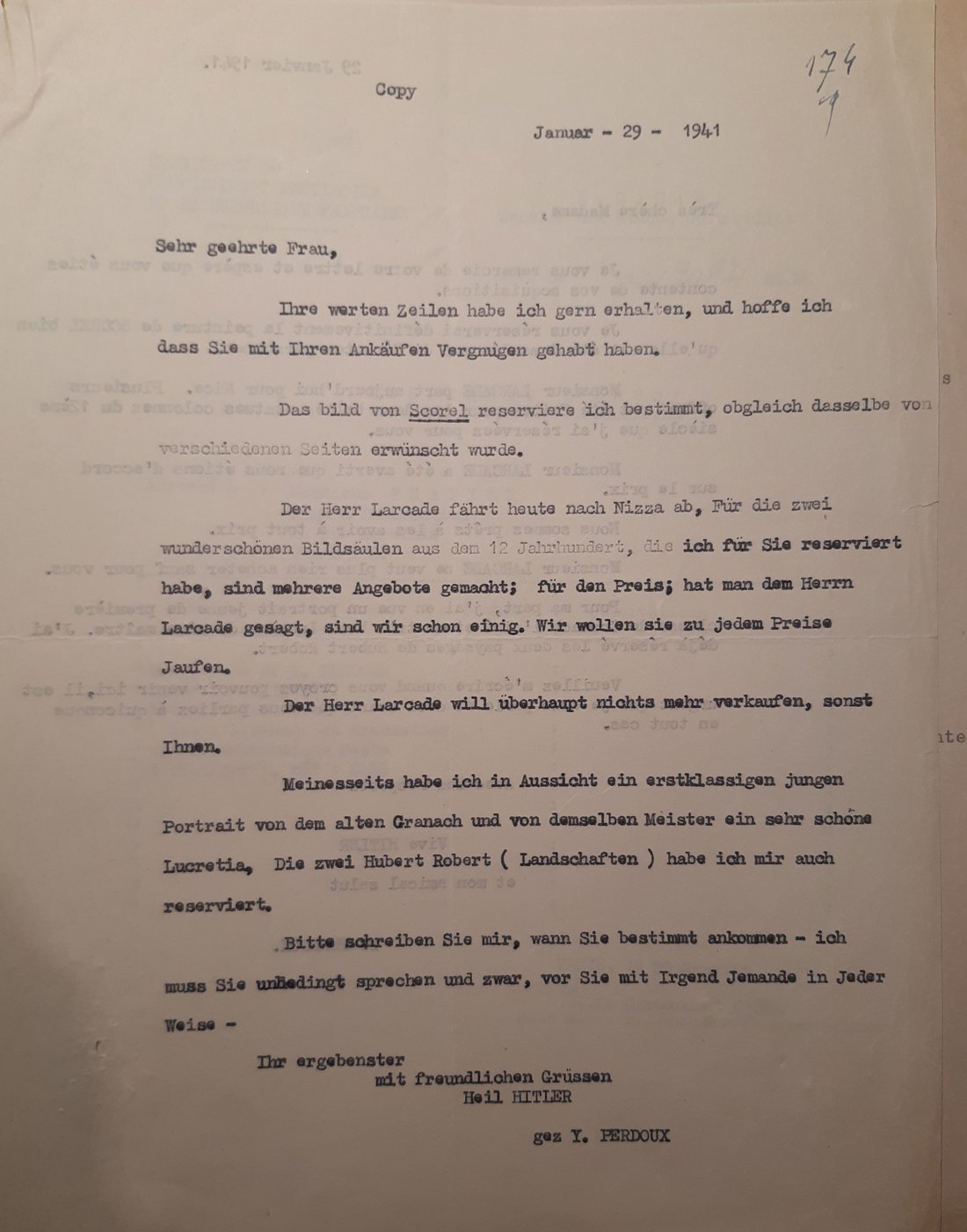 Lettre de Yves Perdoux à Maria Almas-Dietrich, 29 janvier 1941, traduction française certifiée conforme établie dans le cadre de la procédure judiciaire. Source : Archives nationales, Z/6/577.