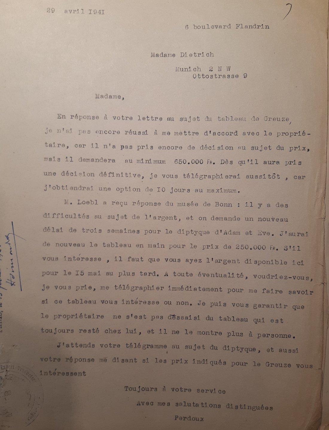 Lettre de Yves Perdoux à Maria Almas-Dietrich, 29 avril 1941, traduction française certifiée conforme établie dans le cadre de la procédure judiciaire. Source : Archives nationales, Z/6/577.