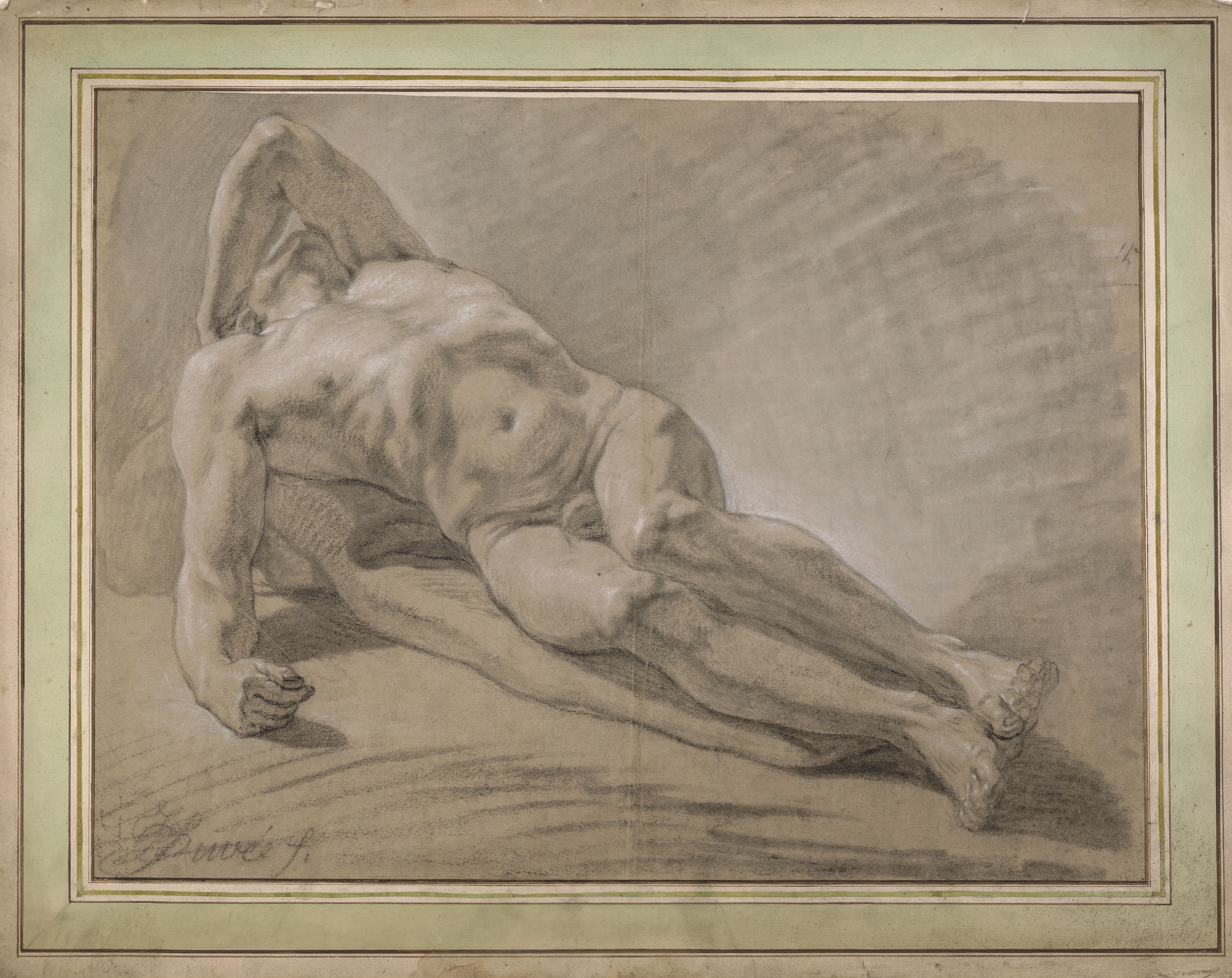 Joseph Benoît Suvée, Étude académique d'après le modèle vivant : nu masculin couché, 1764, craie noire, fusain et craie blanche sur papier, 398 × 532 mm. Musea Brugge, inv. 0000.GRO1902.II