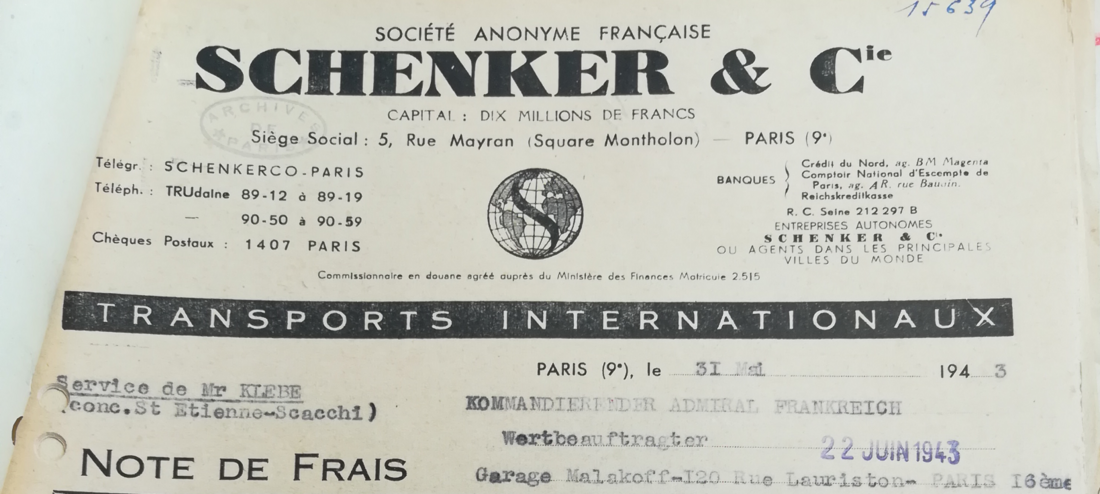 En-tête de note de frais de la société Schenker & Cie, 1943. Source : Archives de Paris, Comité de confiscation des profits illicites, 110W 64, dossier relatif à la société Schenker.
