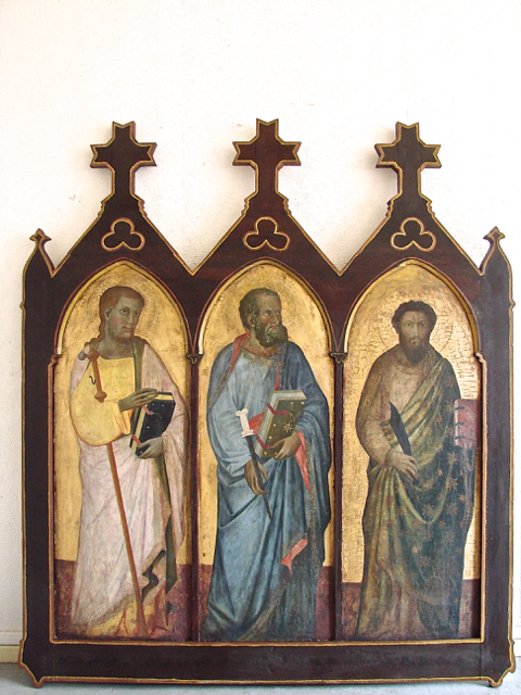Figure 1 : Niccolò di Pietro Gerini et Jacopo del Casentino, Pseudo-polyptyque avec saint Jacques le Majeur, saint Barthélemy et un saint (Barthélemy ?), Machemont (Oise), église Saint-Sulpice.