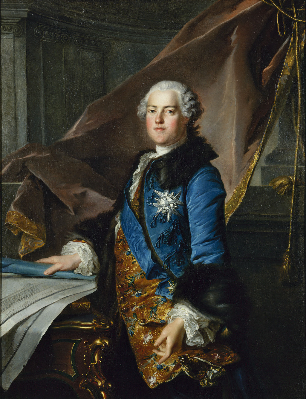 Portrait of Marigny in military uniform standing in front of two maps on a table