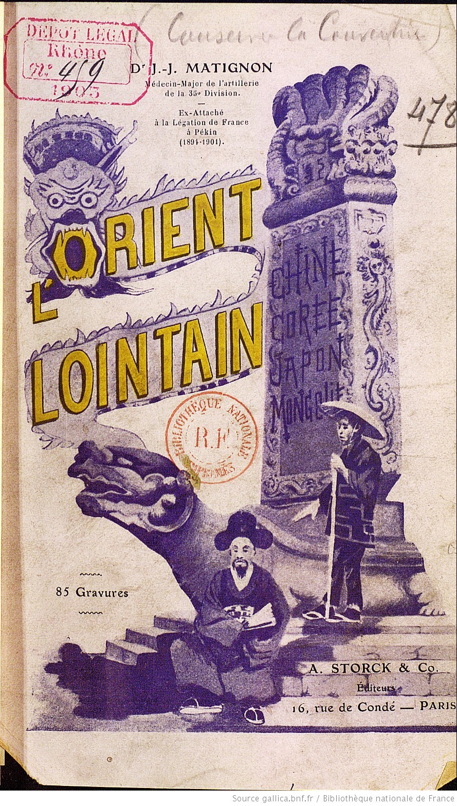Matignon, Jean-Jacques, L'orient lointain : Chine, Corée, Mongolie, Japon : impressions et souvenirs de séjour et de tourisme, Lyon, 1903. Cover of a book by Matignon representing a khmer sculpture with two southeast asian characters in popular clothing