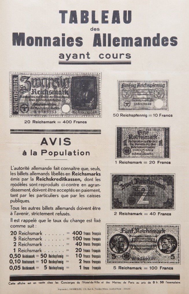 Table de conversion des monnaies allemandes ayant cours en France, 1940. Source : Collection Banque de France.